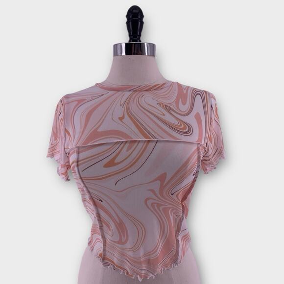 Y2K Swirl Print Mesh Top Short Sleeve Fairy Rave Indie Psychedelic L - Picture 7 of 7